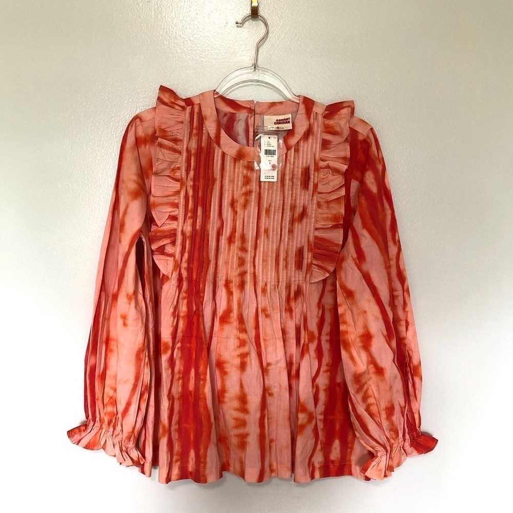 Anthropologie Samant Chauman Emilia Ruffled Tie Dye Blouse in Orange Motif